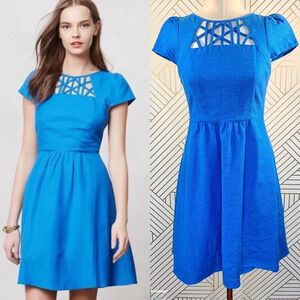 Anthropologie Maeve Aria Dress Fit & Flare Short Sleeve Cut Out Neck Blue Size 0